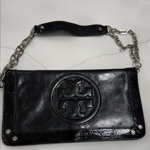Tory Burch Black Patent Trim Logo Leather Chain Shoulder Bag